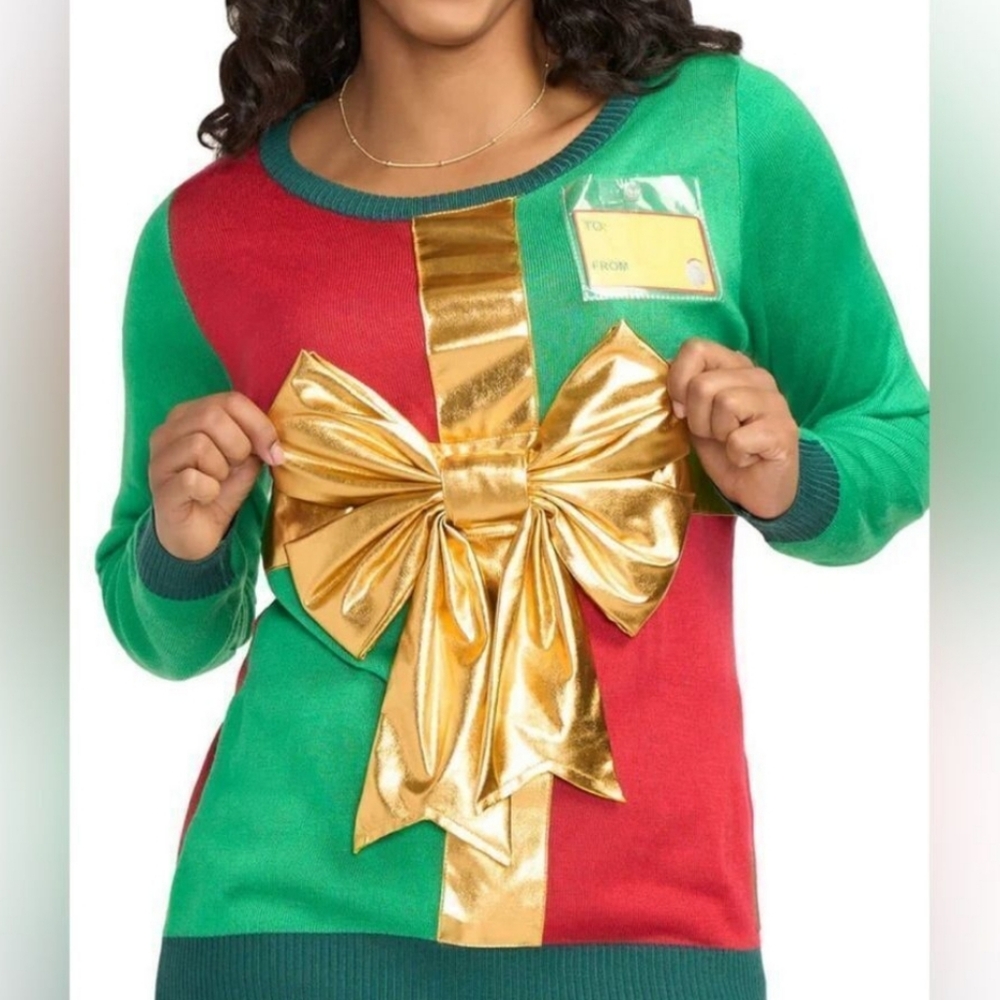 Tipsy Elves Green Red Unisex Ugly Christmas Present Sweater with Gold Bow Size S
